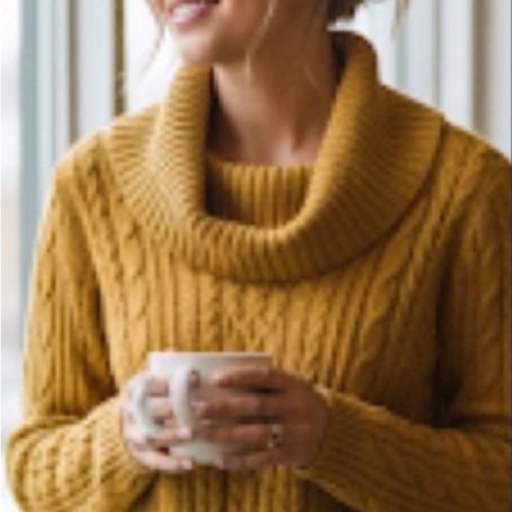 JEANNE PIERRE Mustard Cable Knit cowl neck Sweater Sz XL